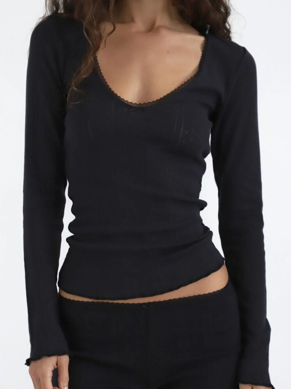 NWT Cou Cou Intimates The Scoop Black Pointelle Long Sleeve Top Size M